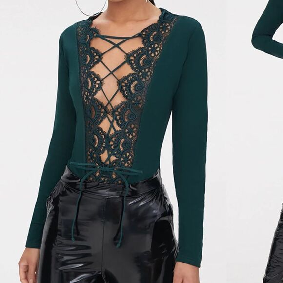 PrettyLittleThing Emerald Green Lace Up Long Sleeve Thong Bodysuit Size 4 - Picture 2 of 9